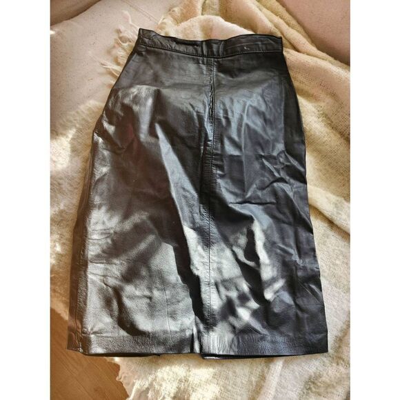 90s Vintage Black Leather Slit Skirt Mob Wife Lined High Waist Sexy - Picture 2 of 9